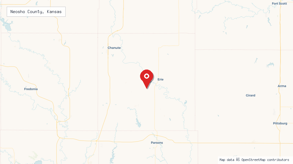 Street map of Neosho County, Kansas with location pin