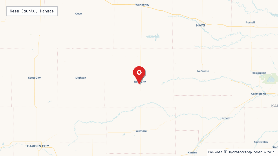 Street map of Ness County, Kansas with location pin