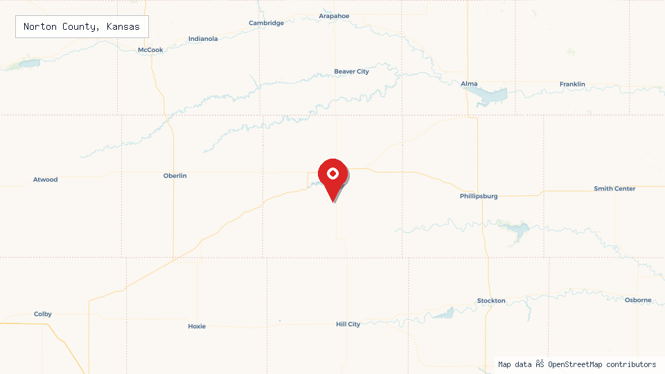 Street map of Norton County, Kansas with location pin