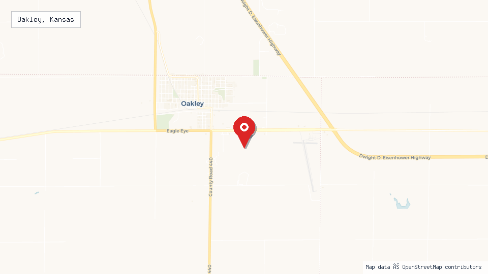 Street map of Oakley, Kansas with location pin