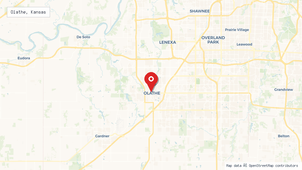Street map of Olathe, Kansas with location pin