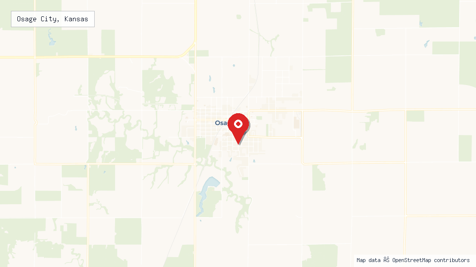 Street map of Osage City, Kansas with location pin