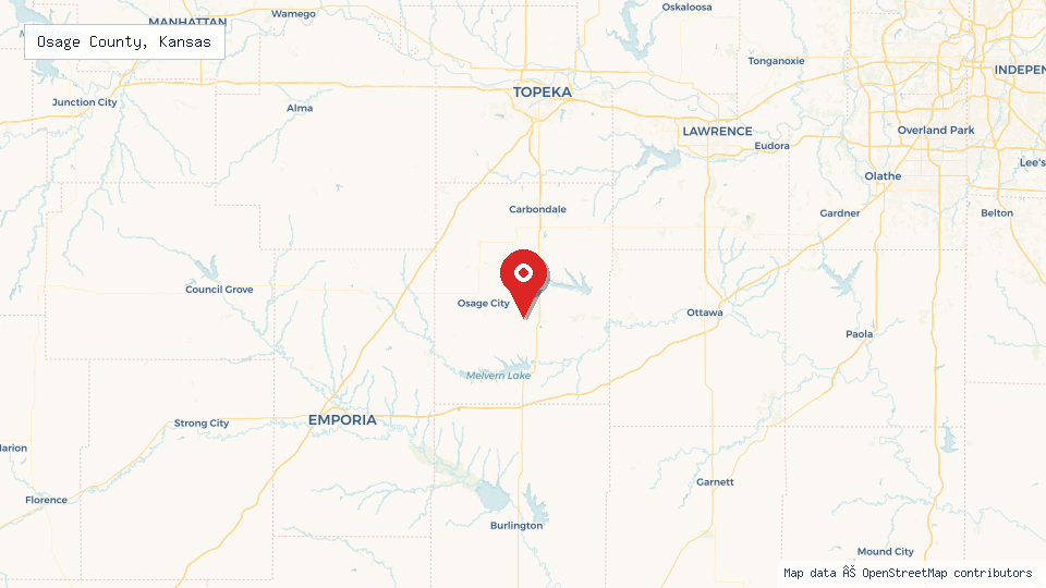 Street map of Osage County, Kansas with location pin