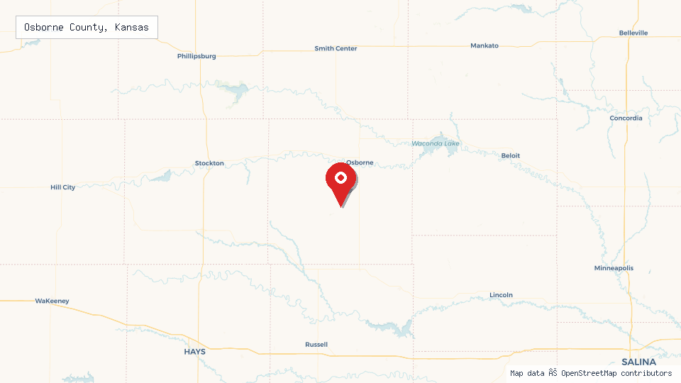 Street map of Osborne County, Kansas with location pin