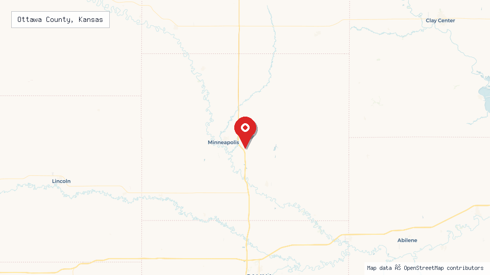 Street map of Ottawa County, Kansas with location pin
