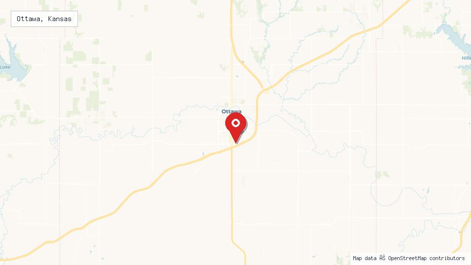 Street map of Ottawa, Kansas with location pin