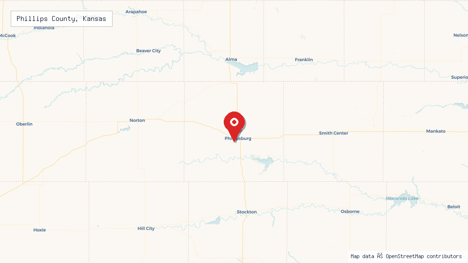 Street map of Phillips County, Kansas with location pin