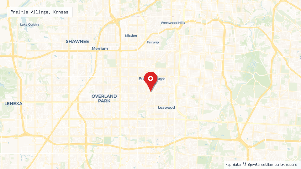 Street map of Prairie Village, Kansas with location pin
