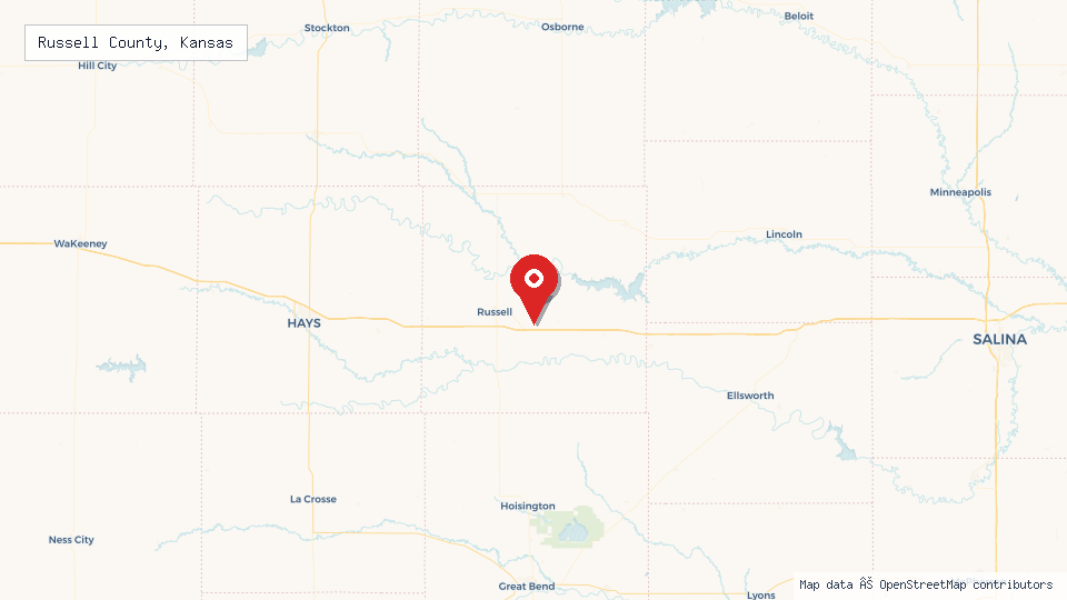 Street map of Russell County, Kansas with location pin