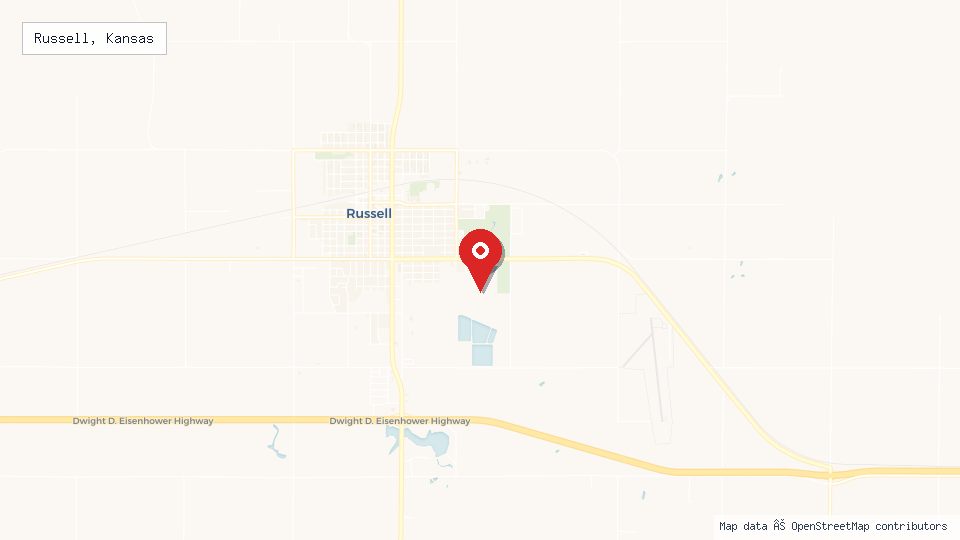 Street map of Russell, Kansas with location pin