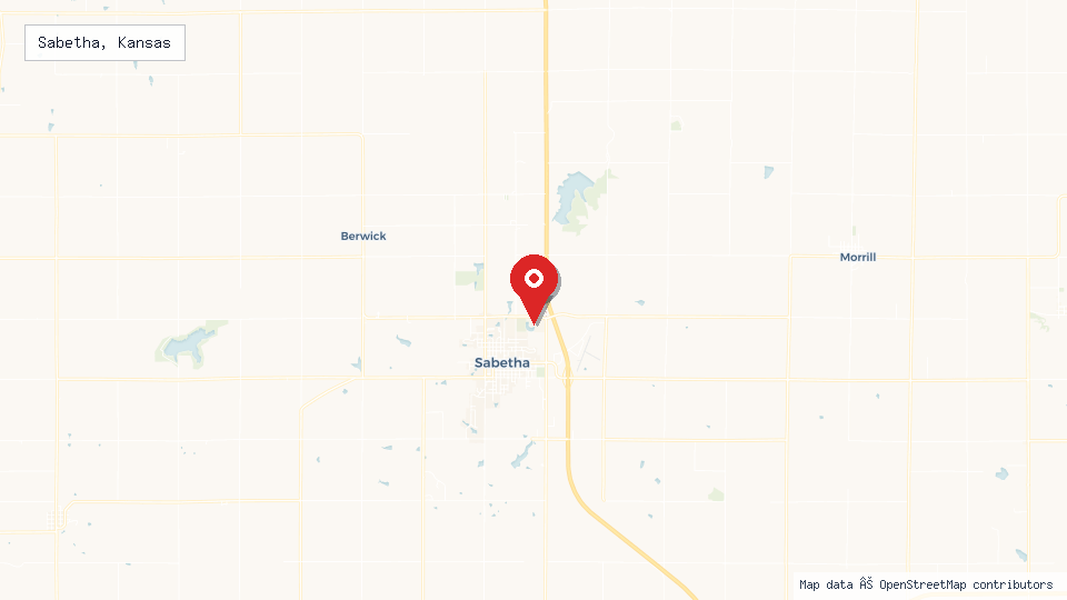 Street map of Sabetha, Kansas with location pin
