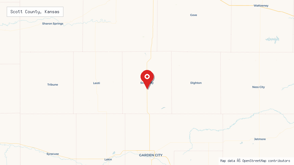 Street map of Scott County, Kansas with location pin