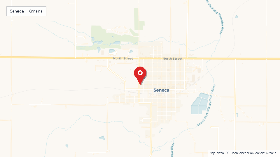 Street map of Seneca, Kansas with location pin