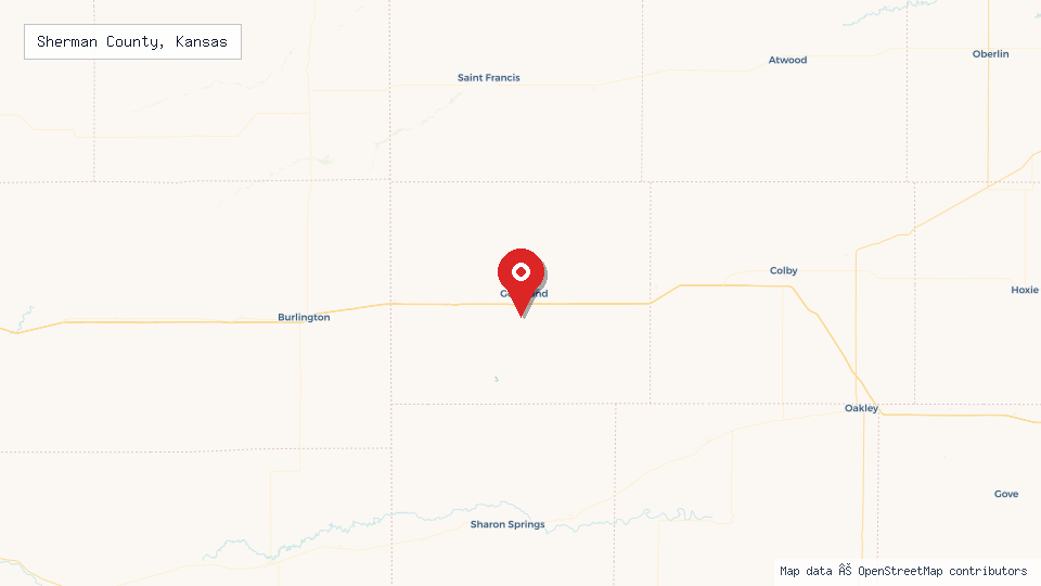 Street map of Sherman County, Kansas with location pin