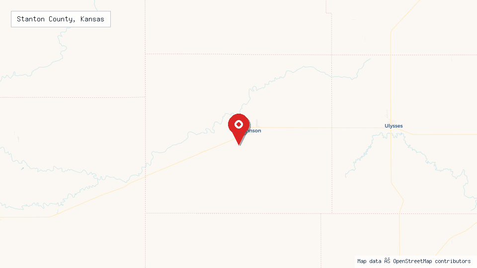 Street map of Stanton County, Kansas with location pin