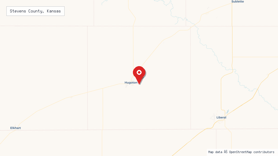 Street map of Stevens County, Kansas with location pin