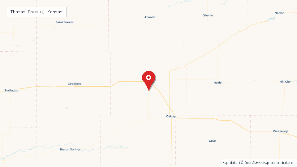 Street map of Thomas County, Kansas with location pin