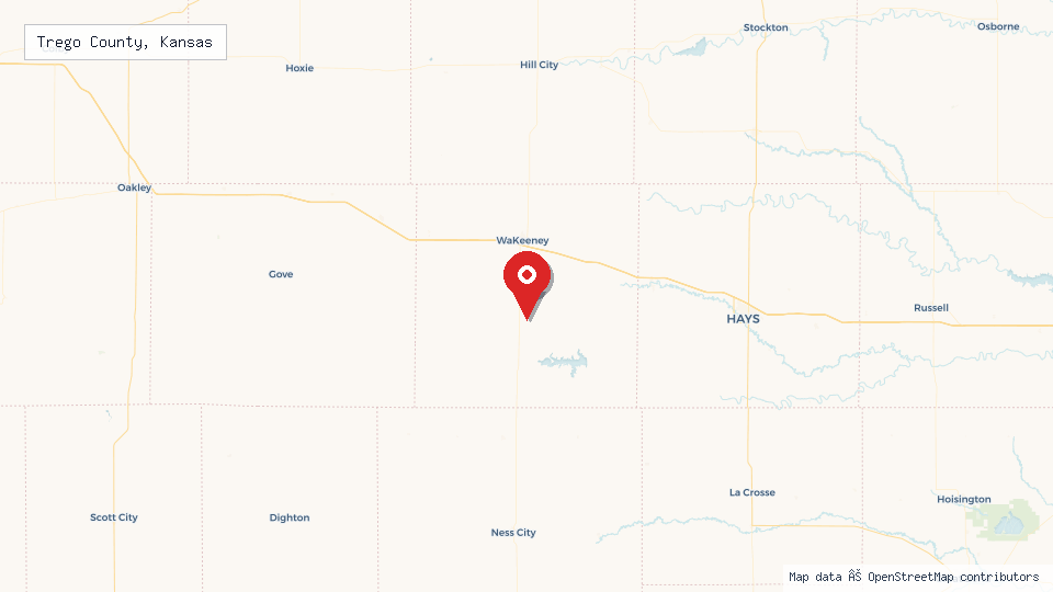 Street map of Trego County, Kansas with location pin