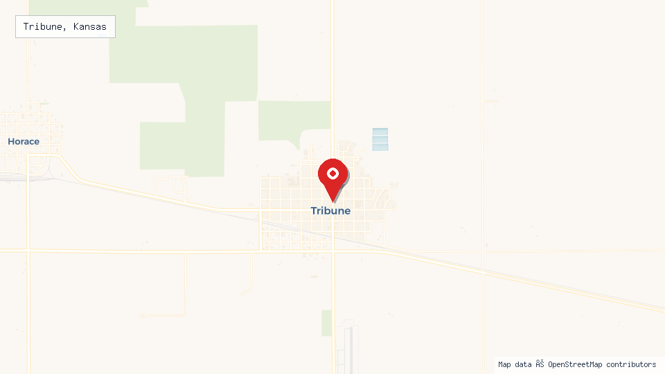 Street map of Tribune, Kansas with location pin