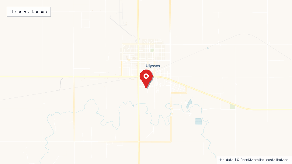 Street map of Ulysses, Kansas with location pin