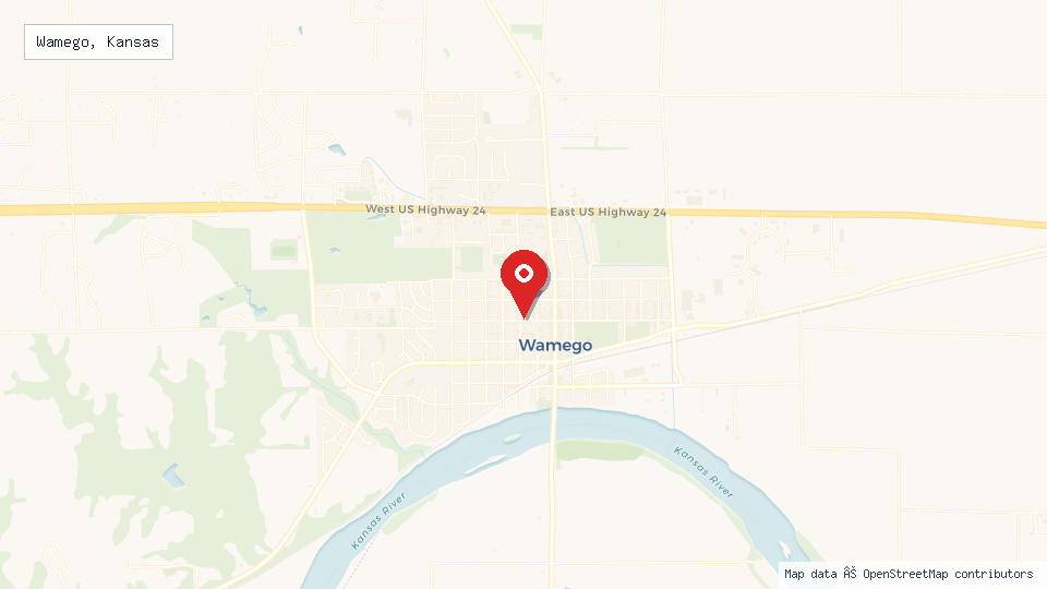 Street map of Wamego, Kansas with location pin