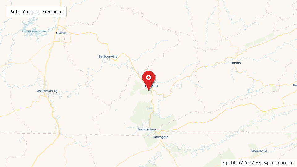 Street map of Bell County, Kentucky with location pin