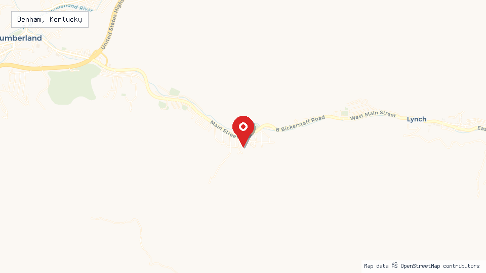 Street map of Benham, Kentucky with location pin