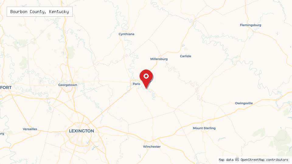Street map of Bourbon County, Kentucky with location pin