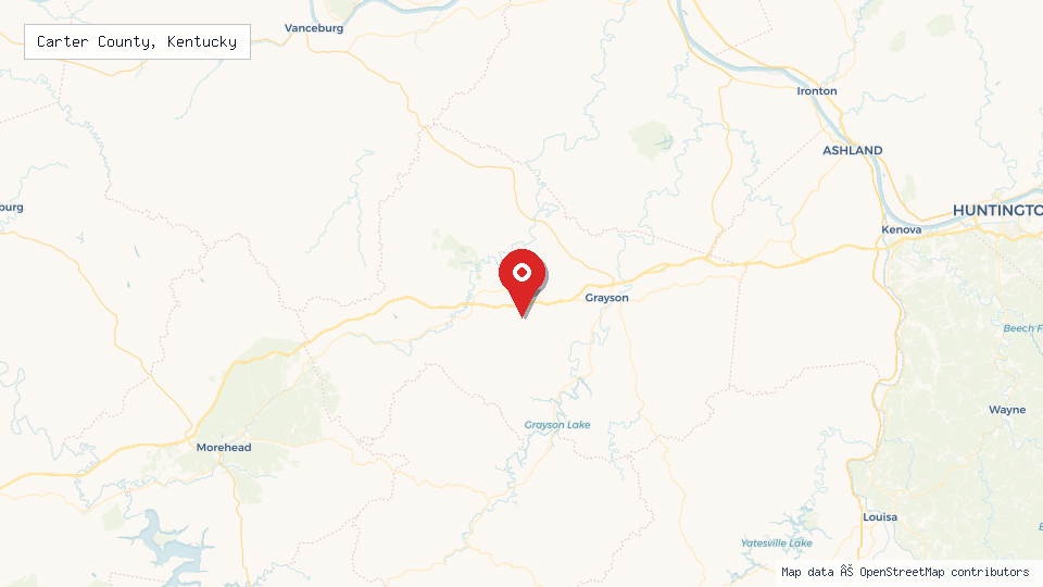 Street map of Carter County, Kentucky with location pin
