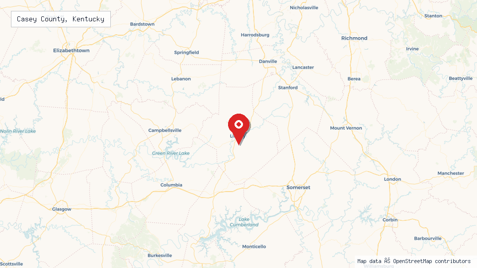Street map of Casey County, Kentucky with location pin