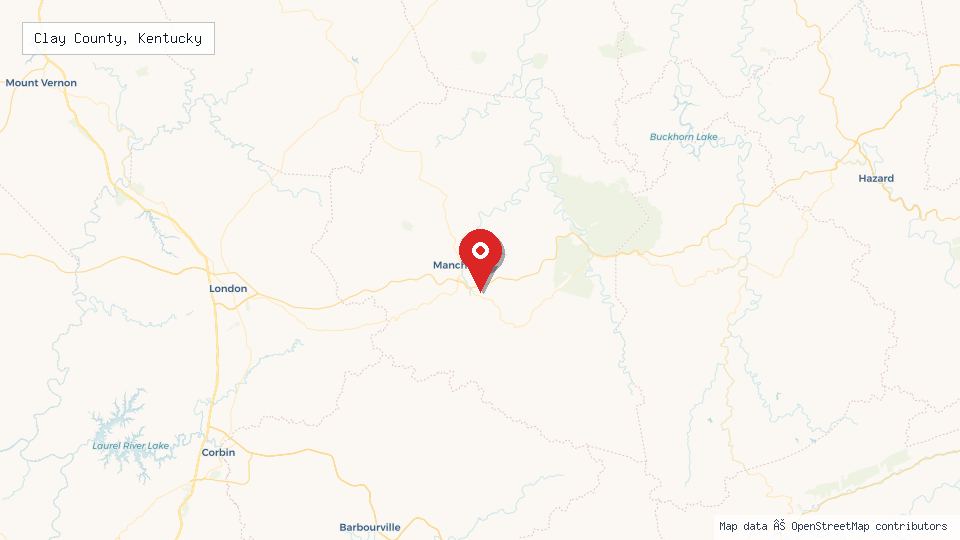 Street map of Clay County, Kentucky with location pin