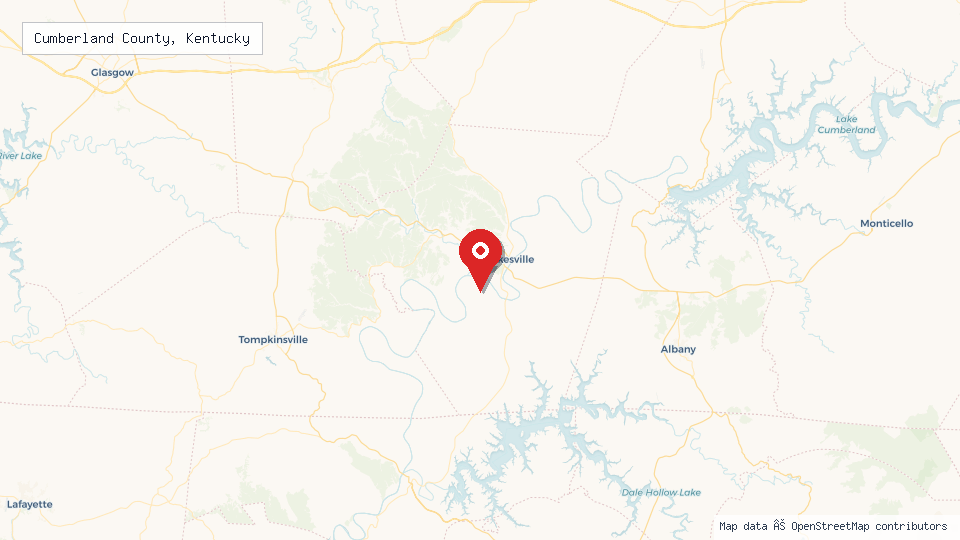 Street map of Cumberland County, Kentucky with location pin