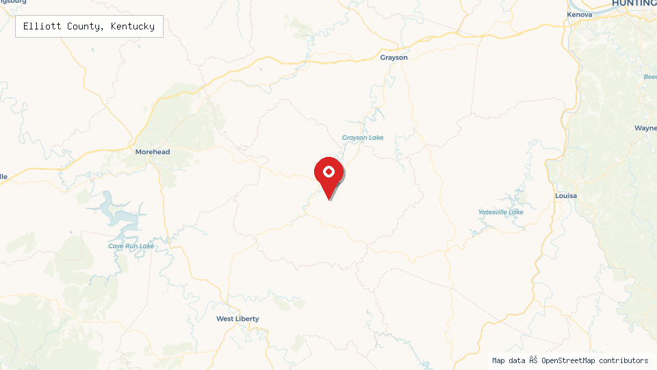 Street map of Elliott County, Kentucky with location pin