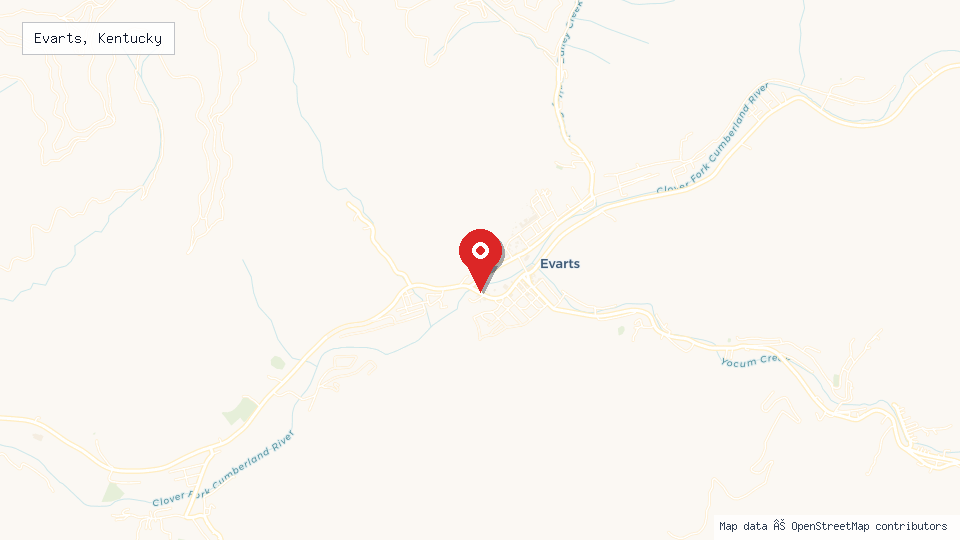 Street map of Evarts, Kentucky with location pin