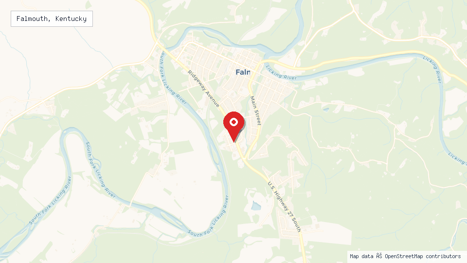 Street map of Falmouth, Kentucky with location pin
