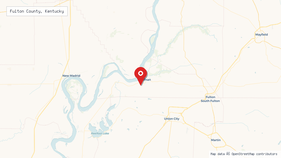 Street map of Fulton County, Kentucky with location pin