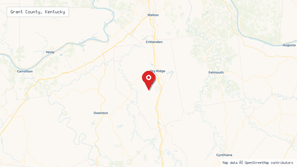 Street map of Grant County, Kentucky with location pin
