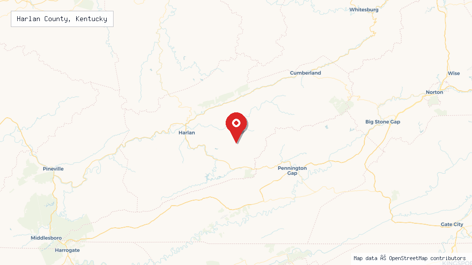 Street map of Harlan County, Kentucky with location pin