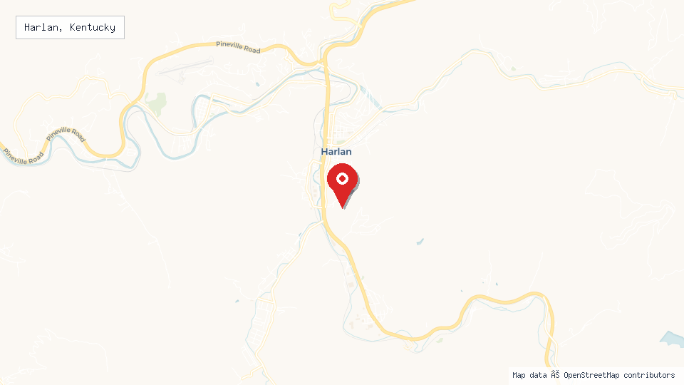 Street map of Harlan, Kentucky with location pin