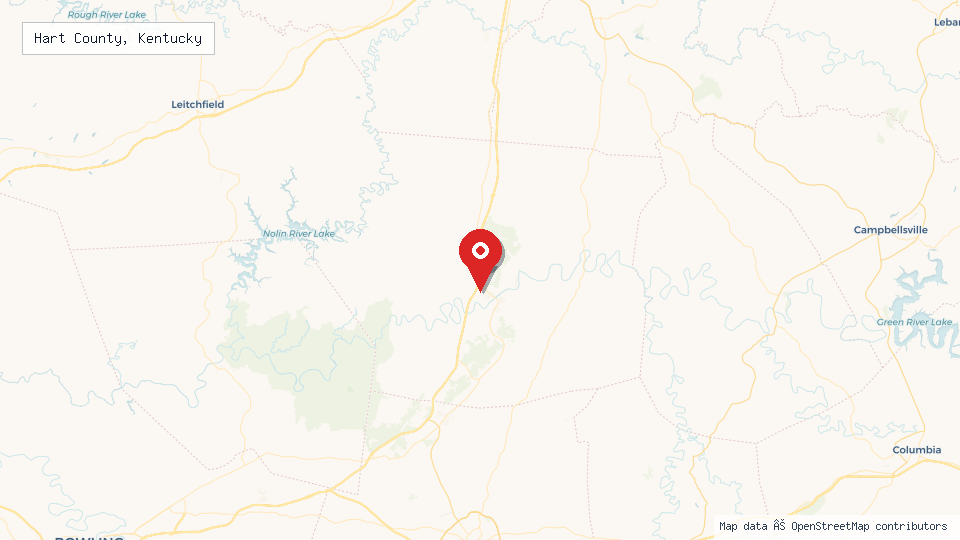 Street map of Hart County, Kentucky with location pin