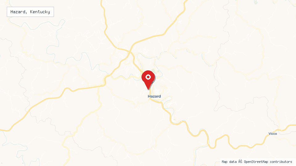 Street map of Hazard, Kentucky with location pin