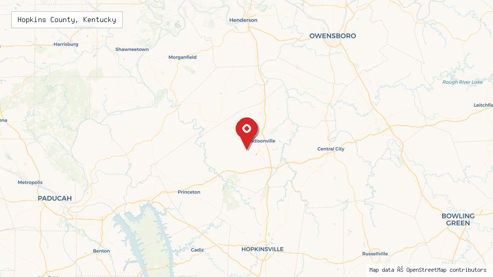 Street map of Hopkins County, Kentucky with location pin