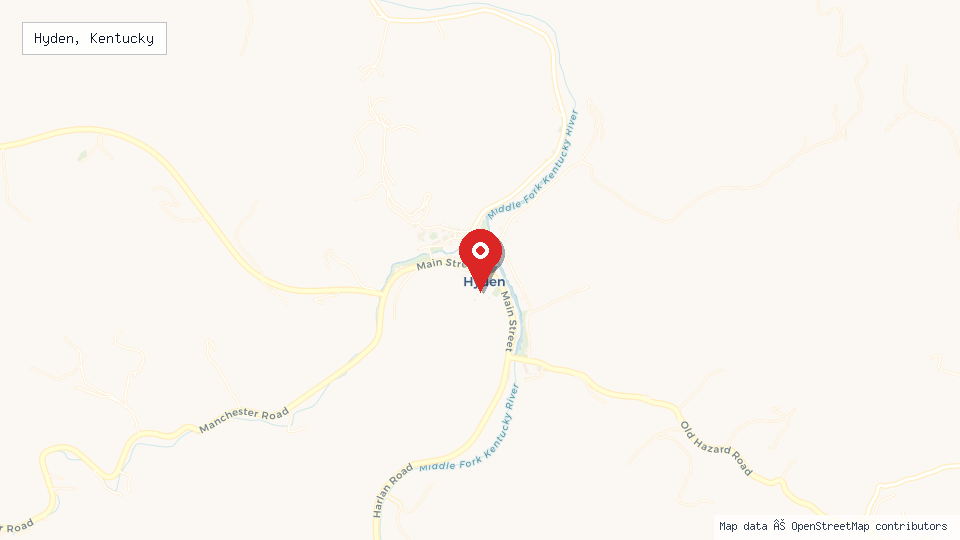 Street map of Hyden, Kentucky with location pin