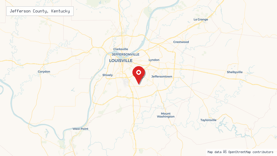 Street map of Jefferson County, Kentucky with location pin