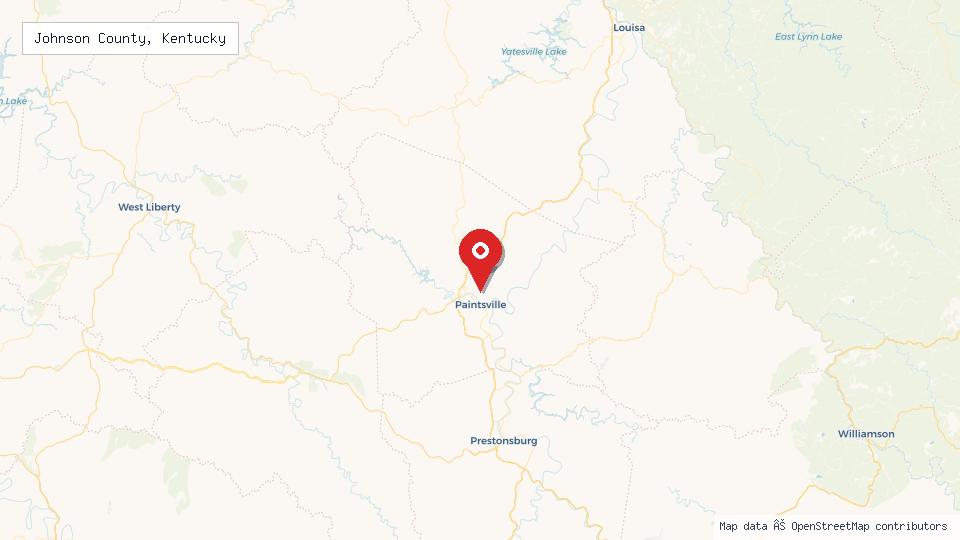 Street map of Johnson County, Kentucky with location pin