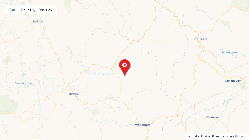 Street map of Knott County, Kentucky with location pin