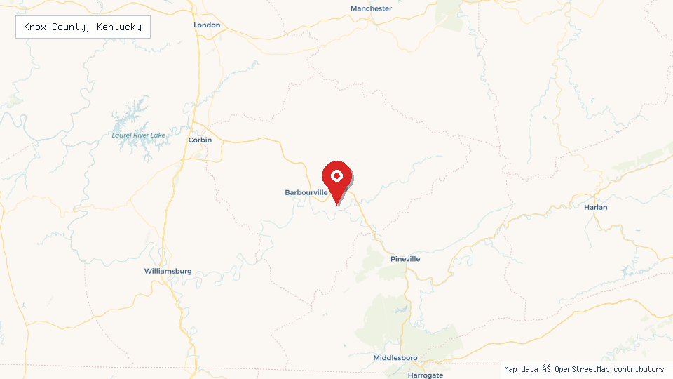 Street map of Knox County, Kentucky with location pin