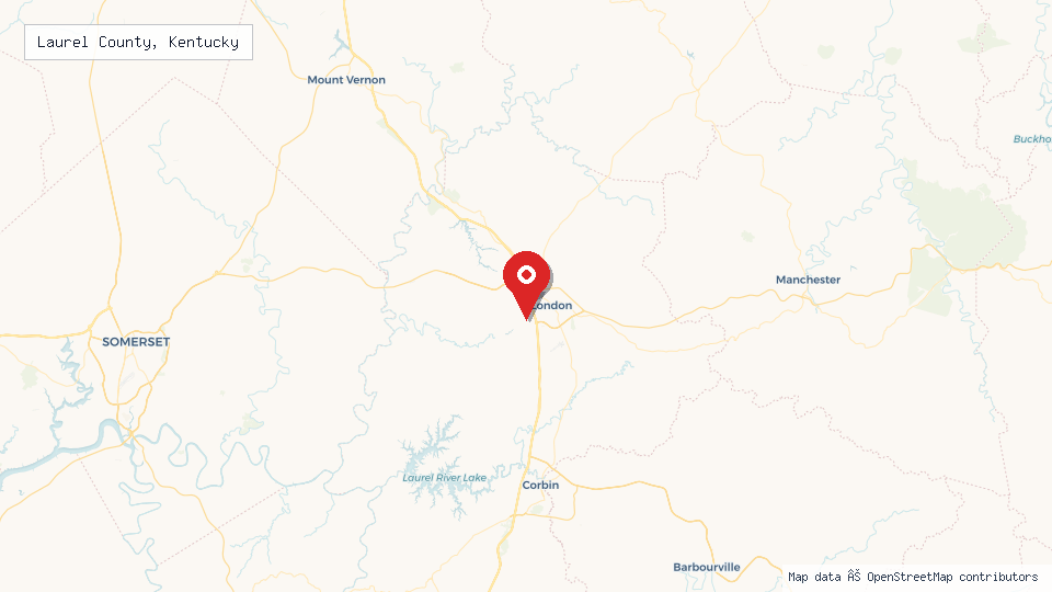 Street map of Laurel County, Kentucky with location pin