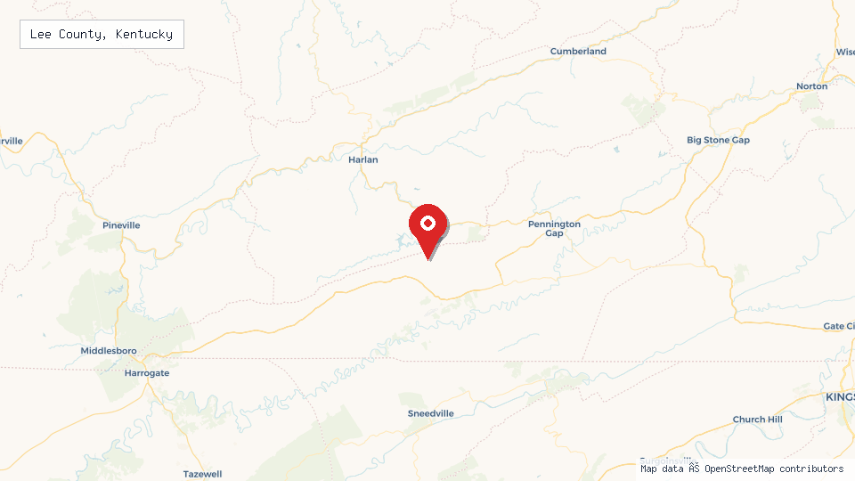 Street map of Lee County, Kentucky with location pin