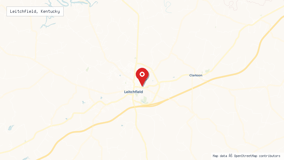 Street map of Leitchfield, Kentucky with location pin